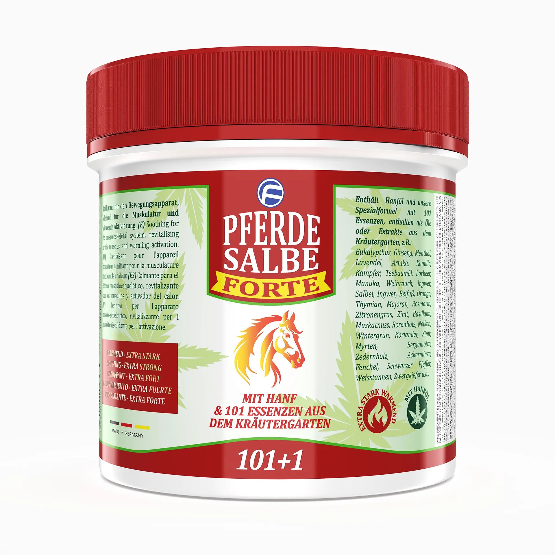 Pomada caliente para caballos Forte para humanos Fórmula 101 + 1 con cáñamo - 500ml