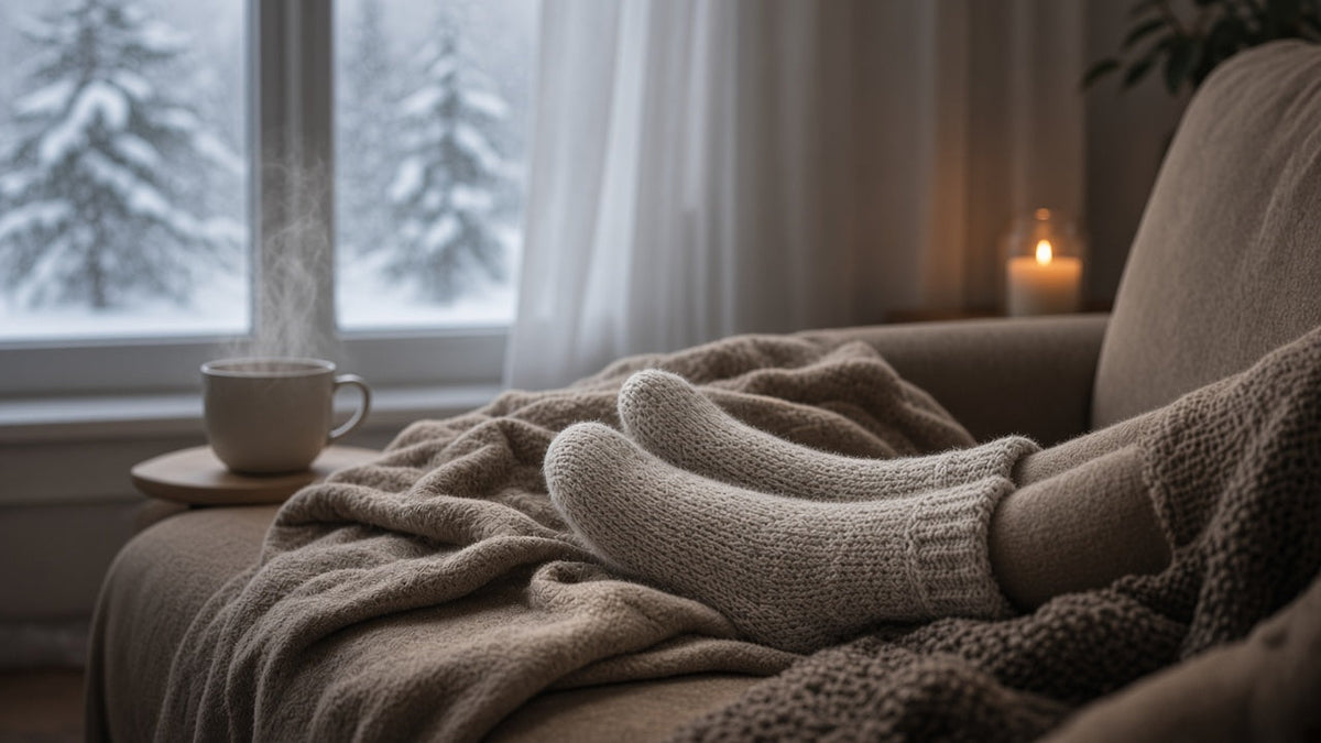 Füße in frischen Wollsocken auf einer Strickdecke vor dem verschneiten Fenster – Winterfüße pflegen