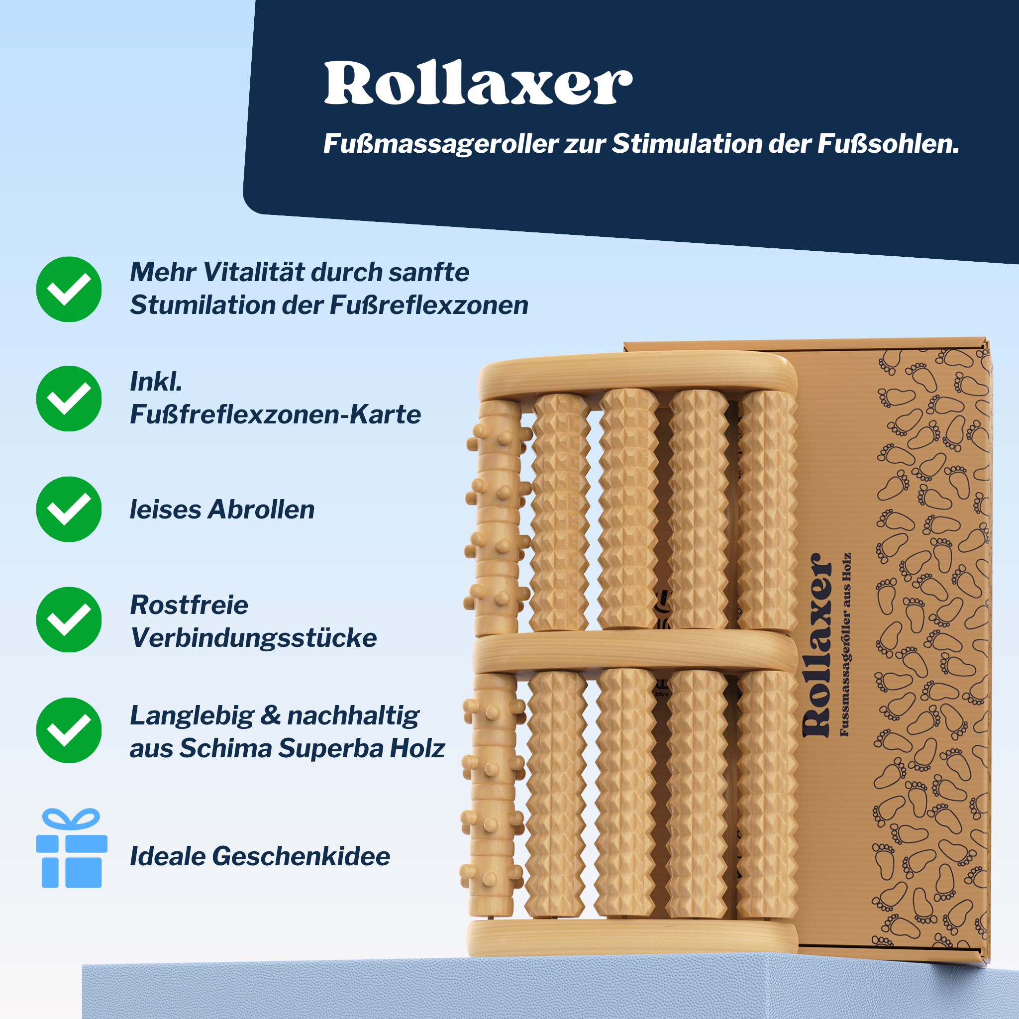 Rollaxer - Fußmassageroller aus Holz zur Fußreflexzonenmassage