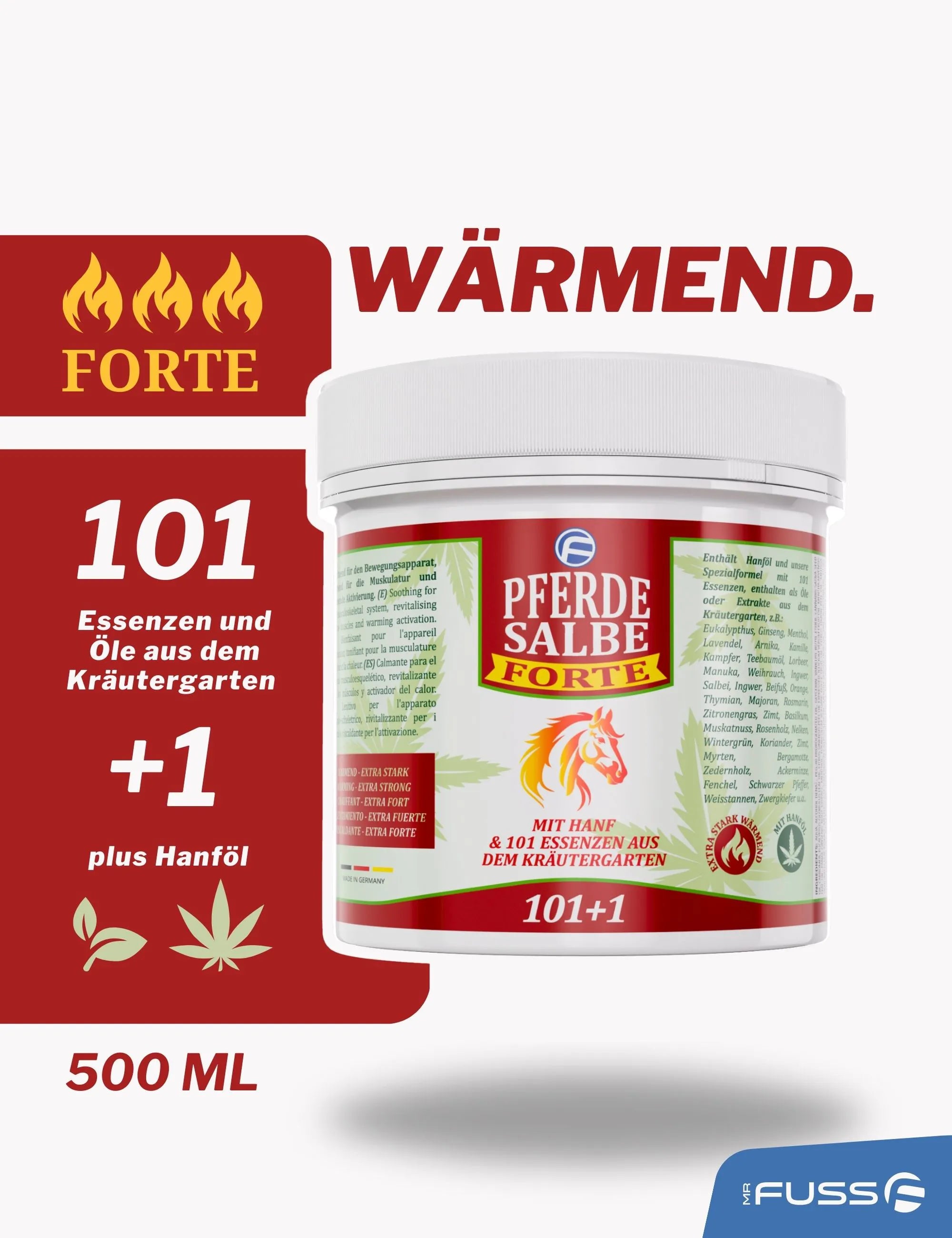 Wärmende Pferdesalbe Forte für Menschen Formel 101 + 1 mit Hanf - 500ml